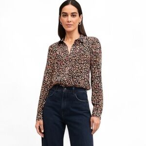 Jane and Delancey LS Button Down blouse Leopard print Purple Pink metallic Large